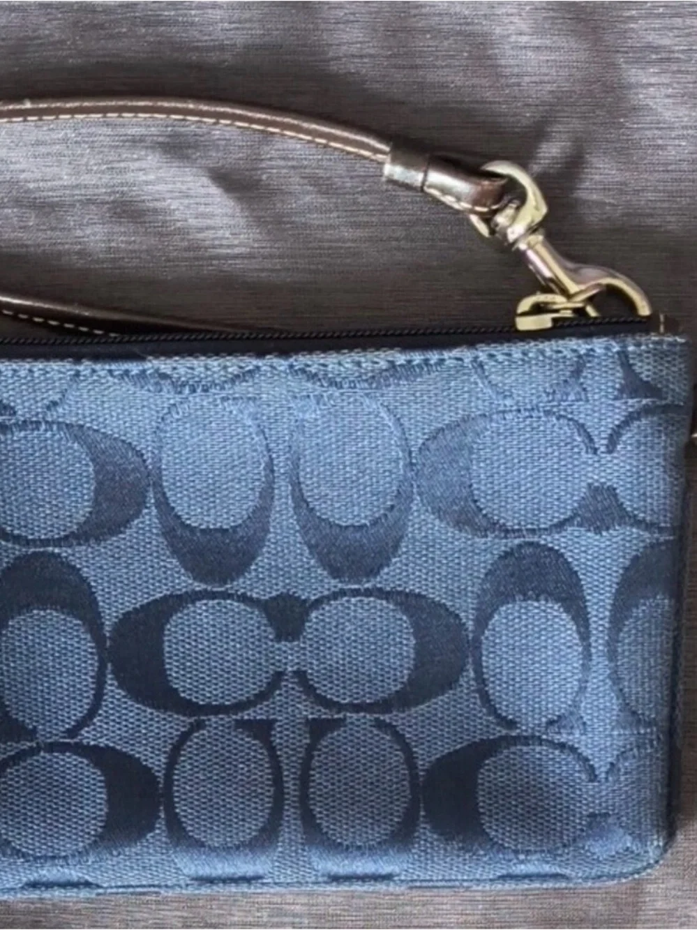Coach Signature Navy Blue Wristlet with Leather Trim